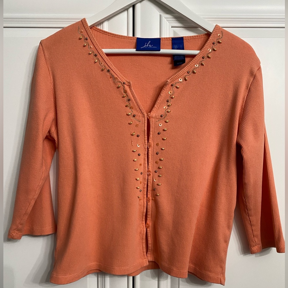 j.h. Collectibles Large Peach/Orange Colour Short Sleeve Cardigan V Neck Beads
